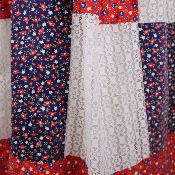 Vintage Patchwork Quilt Maxi Boho Hippie White Eyelet Cottage Core Prairie Dress - Picture 6 of 8